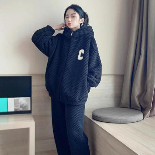 秋冬新款连帽拉链开衫睡衣套装家居服女珊瑚绒加绒保暖两件套 商品图5