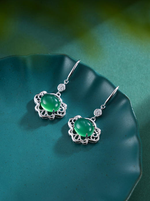 子佩集S925银【寒烟锁翠】耳环【ES012494】纯银玉髓绿玉髓锁2503 商品图0