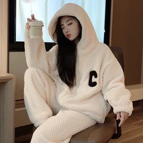 秋冬新款连帽拉链开衫睡衣套装家居服女珊瑚绒加绒保暖两件套