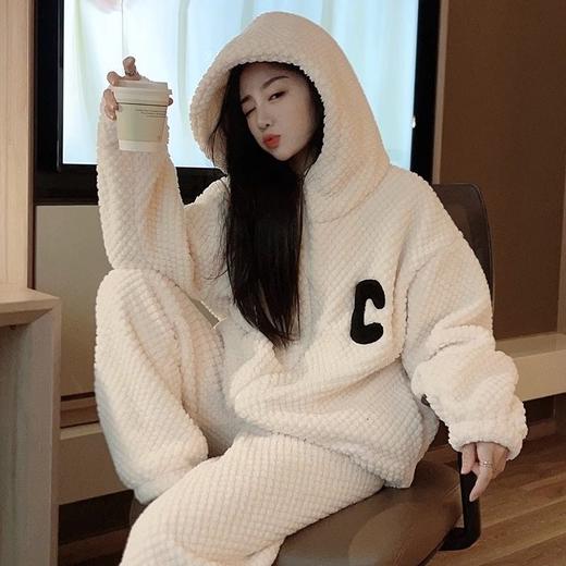 秋冬新款连帽拉链开衫睡衣套装家居服女珊瑚绒加绒保暖两件套 商品图0