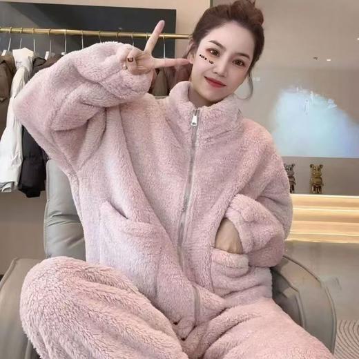 【小香风长袖长裤保暖套装】珊瑚绒加绒加厚立领开衫拉链睡衣家居服女 商品图1