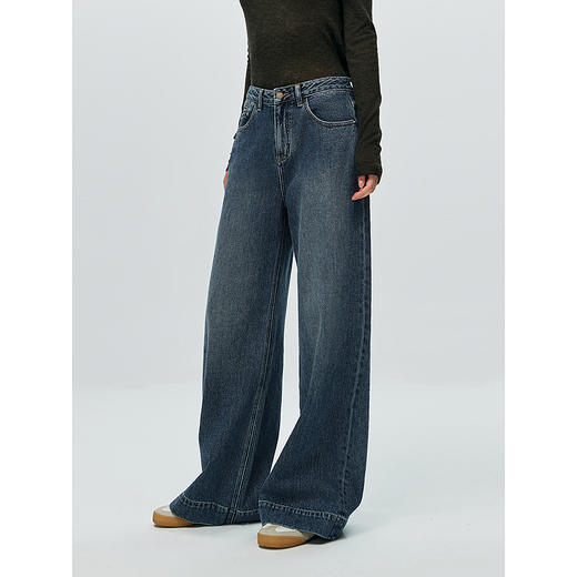 棉仓366619002-25秋复古弹力水洗牛仔丹宁宽边阔腿裤 商品图1