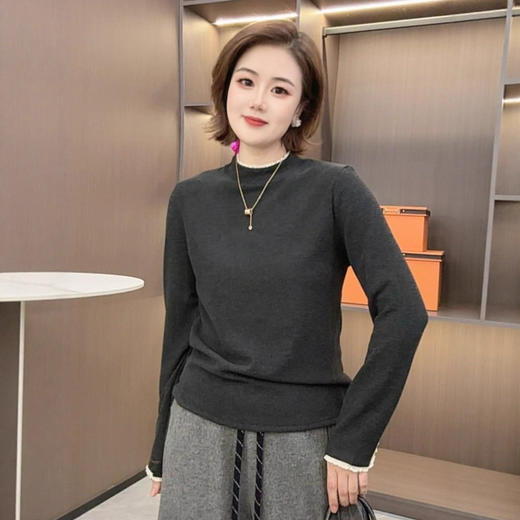 秋冬款花边圆领双面绒长袖小衫女是撒花时尚简约百搭保暖打底衫 商品图1