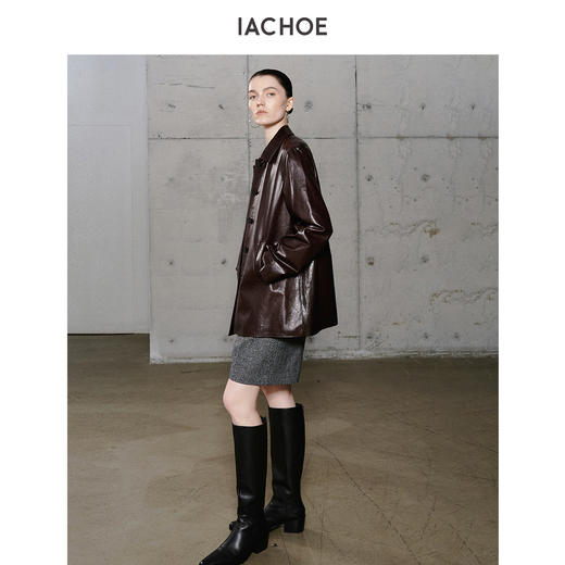 棉仓3661527003-油蜡羊皮翻领皮衣外套女 25秋冬棕色中长款风衣式皮衣 商品图2