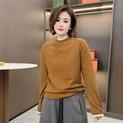 秋冬款花边圆领双面绒长袖小衫女是撒花时尚简约百搭保暖打底衫 商品图0