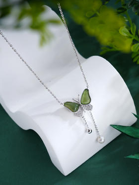 子佩集S925银【翠蝶画境】套链【YL-5424】纯银项链时尚和田碧玉蝴蝶珍珠2503