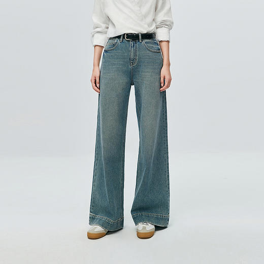 棉仓366619002-25秋复古弹力水洗牛仔丹宁宽边阔腿裤 商品图0