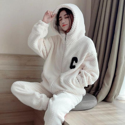秋冬新款连帽拉链开衫睡衣套装家居服女珊瑚绒加绒保暖两件套 商品图4