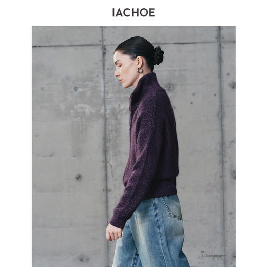 棉仓3671506006-紫色牦牛绒花纱厚款拉链开衫女 25秋冬立领加厚保暖毛衣 商品图1