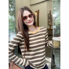 <曾小咸推荐>杏咖条纹宽松长袖休闲T恤