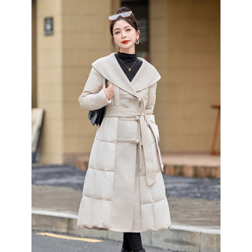 羽绒服加长款过膝白鸭绒，羊毛呢大翻领腰带款加厚外套HR-YJLY1393A 商品图4