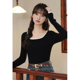 鹿向南「冬日暖阳」撞色方领打底针织衫女秋新款法式修身长袖T恤