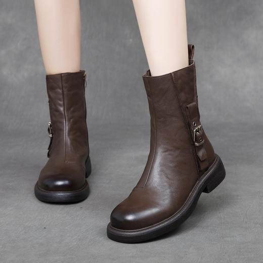 JH3052 2025秋冬轻奢手抓纹头层牛皮拉链马丁靴中靴真皮搭扣休闲女靴 商品图2