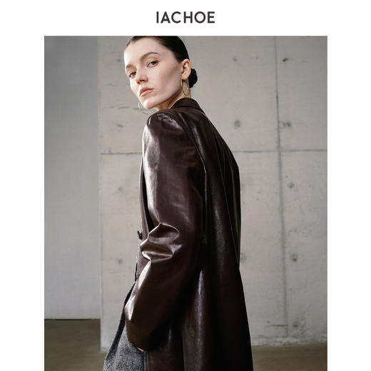 棉仓3661527003-油蜡羊皮翻领皮衣外套女 25秋冬棕色中长款风衣式皮衣 商品图0