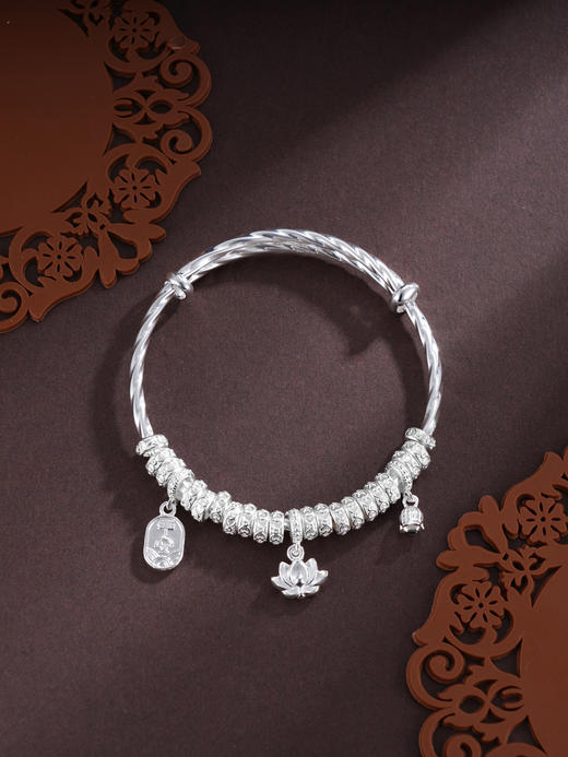 子佩集S999银【静水流莲】手镯【SZ009000】纯银手镯莲花平安腰缠万贯钱串盘缠盘缠2503 商品图0