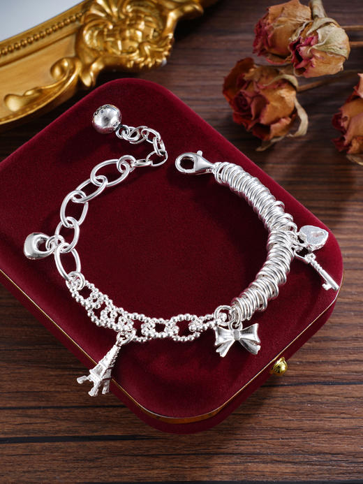 子佩集S925银【浪漫之约】手串【TSB0001-48】纯银手链蝴蝶结埃菲尔塔爱心钥匙铃铛可响钱串腰缠万贯盘缠盘缠2503 商品图0