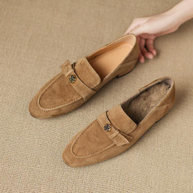 【预售5天】羊皮版~复古法式美拉德山茶花乐福鞋女一脚蹬粗跟浅口单鞋小皮鞋NGMZR&72-237