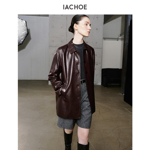 棉仓3661527003-油蜡羊皮翻领皮衣外套女 25秋冬棕色中长款风衣式皮衣 商品图1