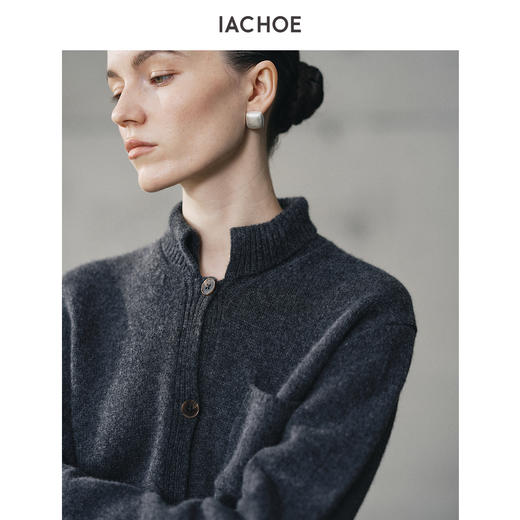 棉仓3671506001-全羊毛小立领针织开衫女 25秋冬厚款针织外套加厚保暖毛衣 商品图1