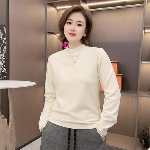 秋冬款花边圆领双面绒长袖小衫女是撒花时尚简约百搭保暖打底衫 商品图3
