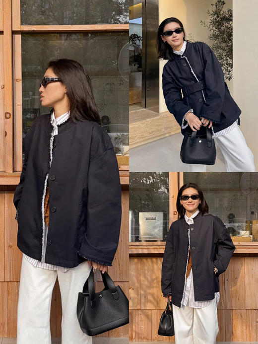 HIDEMI 深藏青极简手工毛边双层拼接立领口袋款短款外套 商品图1