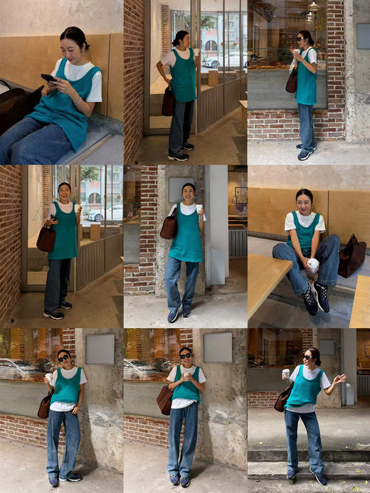 HIDEMI 进口花式粗纺绵羊毛混纺纱线肌理感u型领中长款遮臀手工车线撞色马甲背心 商品图1