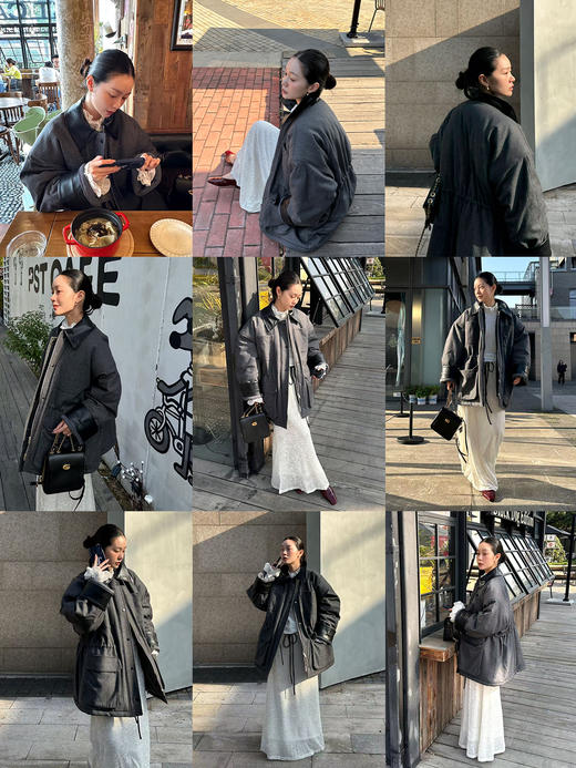 HIDEMI 极简口袋设计感飞行员式皮领拼接大廓形宽松加厚款棉服大衣 商品图1