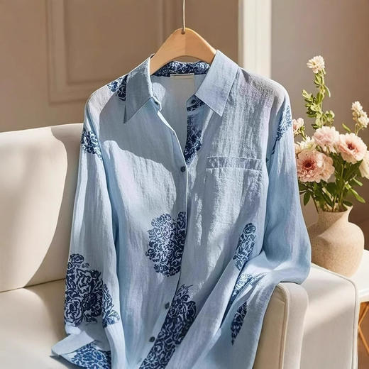 丁摩 重工高端别致超好看独特法式上衣蓝色印花衬衫女新款5ZF-9034 商品图2