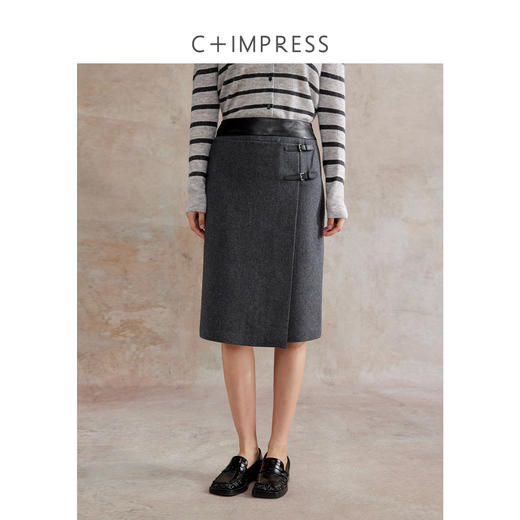 C+IMPRESS/西嘉美利奴羊毛 腰头拼接皮袢裙经典百搭直筒半身裙冬BQ2504032 商品图1