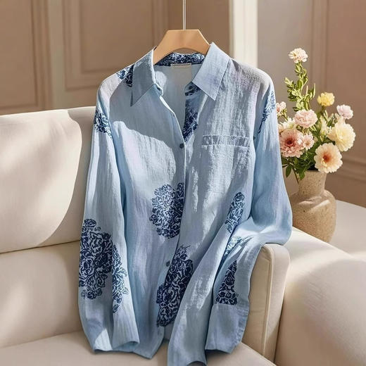 丁摩 重工高端别致超好看独特法式上衣蓝色印花衬衫女新款5ZF-9034 商品图0