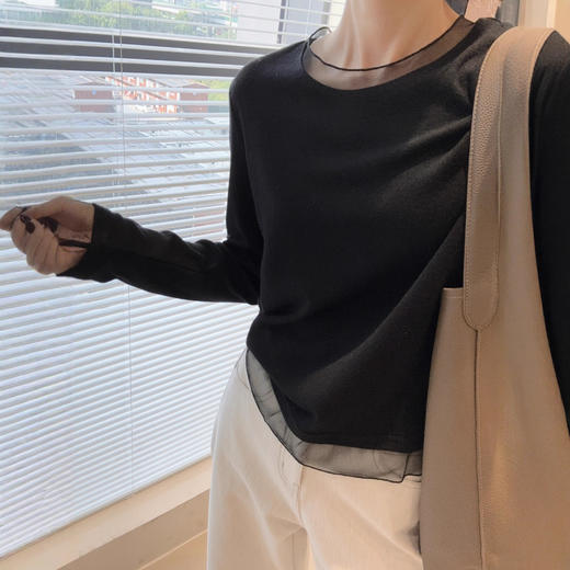 丁摩 蕾丝打底~网纱拼接打底衫春秋长袖弹力直筒拼纱T恤5ZF-11176 商品图2