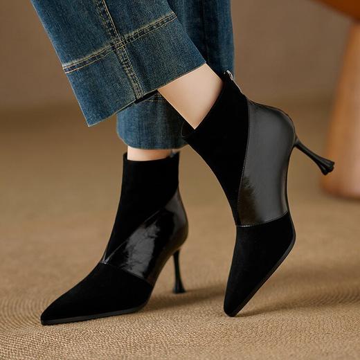 【预售5天】秋冬新款真皮短靴女细跟尖头拼接高跟时装靴气质磨砂皮马丁靴QS&763 商品图3