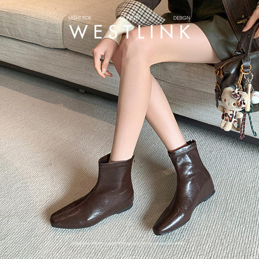 西遇内增高短靴女新款秋冬韩系百搭洋气小踝靴黑色方头瘦瘦靴V2157198 商品图3