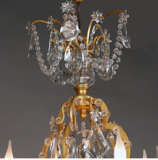 独角鹿西洋古董 1880年代法国出品路易十五风格「鸟笼」主题铜鎏金四枝头烛台式水晶吊灯 商品图2