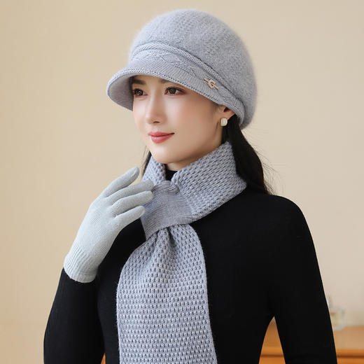 雀说 高级感优雅护耳保暖兔毛帽子围巾两件套针织帽M3905 商品图0