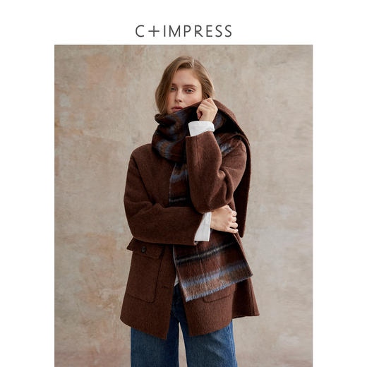 C+IMPRESS西嘉 羊驼毛羊毛 格纹异色双面呢围巾大衣女短款外套冬DY2504067 商品图0