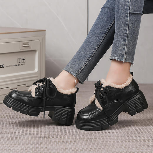 丁摩 牛皮厚底加绒乐福鞋女新冬款保暖增高系带英伦风复古风小皮鞋5ZF-2865 商品图2