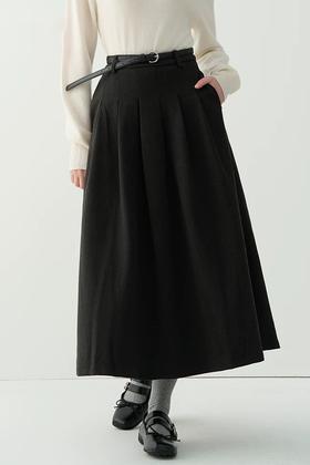 Le Malene 黑色经典高腰毛呢A字半裙 21566