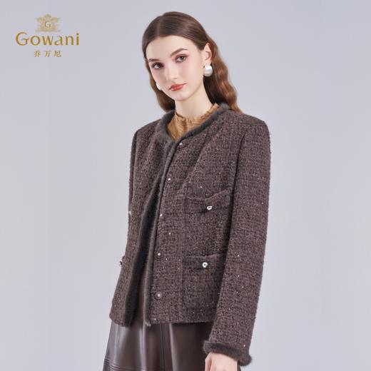 乔万尼冬2025新品奢华复古感亮片粗花呢贵气毛绒边羊驼绵羊毛小香风外套ED4B791 商品图2