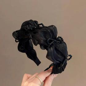 丁摩 韩国新款黑色高级感宽边褶皱水晶发箍女高颅顶压碎发发卡5ZF-11172