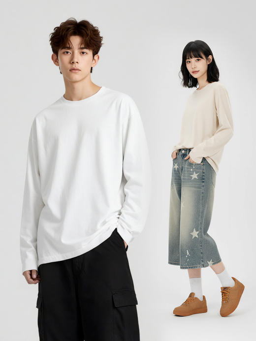 甄选230g精梳纯棉!【细腻柔软❗️简约百搭】重磅美式新疆纯棉T恤男女同款休闲圆领宽松打底长袖上衣服潮。ja 商品图1