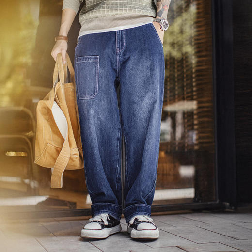 马登工装美式竹节水洗牛仔裤丹宁蓝色直筒微锥型休闲长裤子男秋冬 商品图0