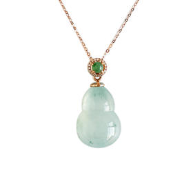 【天然正品】A货翡翠AU750玫瑰金镶钻镶天然细腻冰种飘蓝花葫芦（福禄平安）翡翠吊坠项链链长：45CM（长度可调节）女士281025AH68