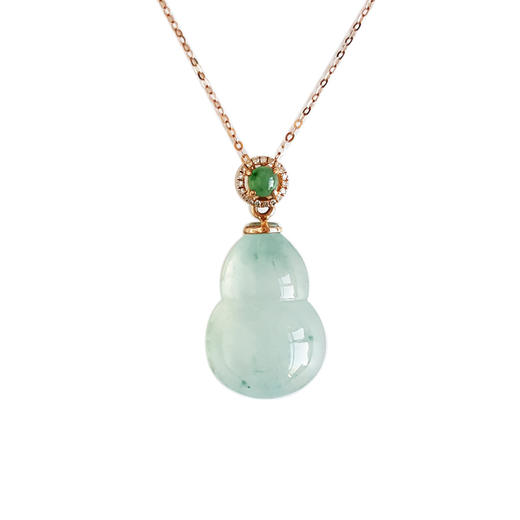 【天然正品】A货翡翠AU750玫瑰金镶钻镶天然细腻冰种飘蓝花葫芦（福禄平安）翡翠吊坠项链链长：45CM（长度可调节）女士281025AH68 商品图0