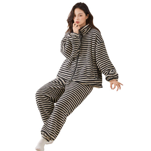 雀说 高级感条纹睡衣女加绒加厚保暖家居服25005 商品图4
