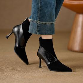 【预售5天】秋冬新款真皮短靴女细跟尖头拼接高跟时装靴气质磨砂皮马丁靴QS&763