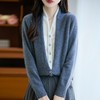 丁摩 100%纯羊毛假两件开衫女新款V领上衣M-294 商品缩略图4