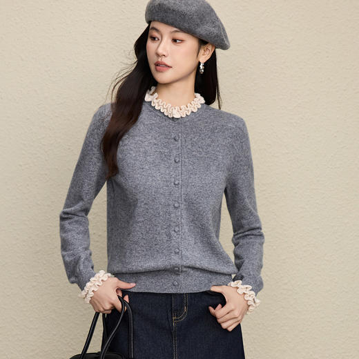 「高货rp」全新升级【铂金会员284/天猫379/差价95】(94442)洛诗琳法式木耳花边拼接针织开衫2025冬季纯色百搭毛衣女 商品图0