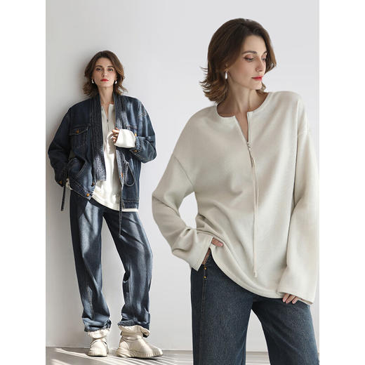 COCOBELLA新款圆领白色拉链毛衣秋冬休闲套头针织衫MZ3301-3 商品图2