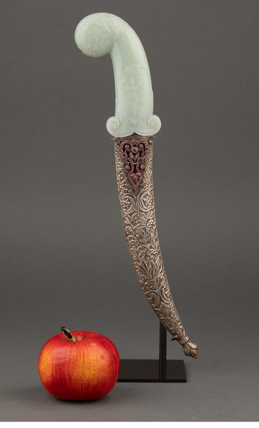 独角鹿西洋古董 19世纪奥斯曼帝国出品玉石雕花手柄花卉卷叶纹金银镶嵌半宝石装饰匕首【未开刃】 商品图1